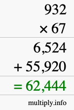 How to calculate 932 times 67 using long multiplication