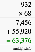 How to calculate 932 times 68 using long multiplication