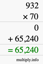 How to calculate 932 times 70 using long multiplication