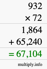 How to calculate 932 times 72 using long multiplication