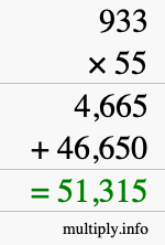 How to calculate 933 times 55 using long multiplication