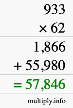 How to calculate 933 times 62 using long multiplication