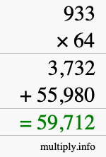 How to calculate 933 times 64 using long multiplication
