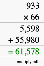 How to calculate 933 times 66 using long multiplication
