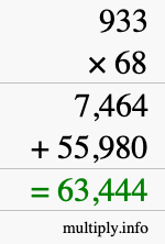 How to calculate 933 times 68 using long multiplication