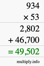 How to calculate 934 times 53 using long multiplication