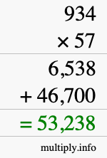 How to calculate 934 times 57 using long multiplication