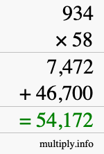 How to calculate 934 times 58 using long multiplication