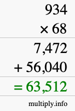 How to calculate 934 times 68 using long multiplication