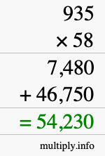 How to calculate 935 times 58 using long multiplication