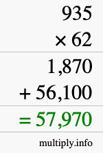 How to calculate 935 times 62 using long multiplication
