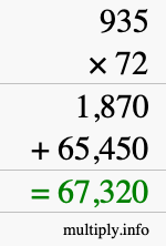 How to calculate 935 times 72 using long multiplication