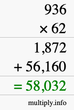 How to calculate 936 times 62 using long multiplication