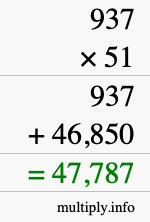 How to calculate 937 times 51 using long multiplication