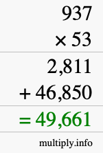 How to calculate 937 times 53 using long multiplication