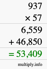 How to calculate 937 times 57 using long multiplication