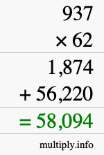 How to calculate 937 times 62 using long multiplication