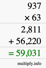 How to calculate 937 times 63 using long multiplication