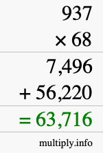 How to calculate 937 times 68 using long multiplication