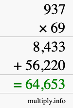How to calculate 937 times 69 using long multiplication