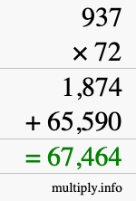 How to calculate 937 times 72 using long multiplication