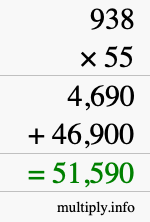 How to calculate 938 times 55 using long multiplication