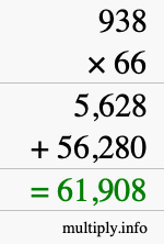 How to calculate 938 times 66 using long multiplication