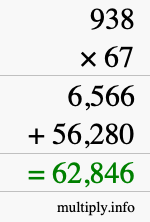 How to calculate 938 times 67 using long multiplication