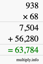 How to calculate 938 times 68 using long multiplication