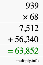 How to calculate 939 times 68 using long multiplication