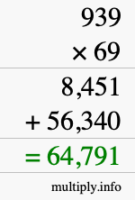 How to calculate 939 times 69 using long multiplication