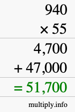 How to calculate 940 times 55 using long multiplication