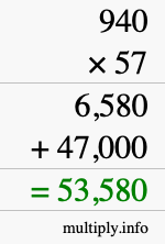How to calculate 940 times 57 using long multiplication