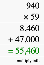 How to calculate 940 times 59 using long multiplication