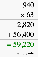 How to calculate 940 times 63 using long multiplication