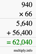 How to calculate 940 times 66 using long multiplication