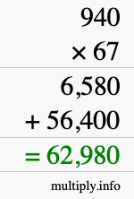 How to calculate 940 times 67 using long multiplication
