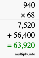 How to calculate 940 times 68 using long multiplication