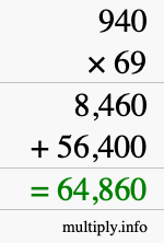 How to calculate 940 times 69 using long multiplication