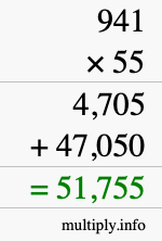 How to calculate 941 times 55 using long multiplication