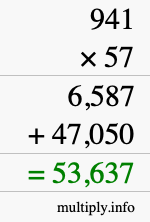 How to calculate 941 times 57 using long multiplication