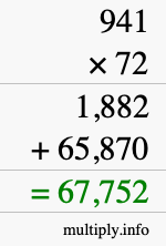 How to calculate 941 times 72 using long multiplication