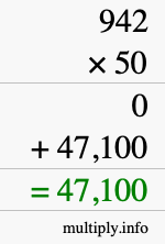 How to calculate 942 times 50 using long multiplication