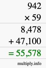 How to calculate 942 times 59 using long multiplication