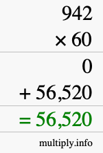 How to calculate 942 times 60 using long multiplication
