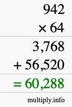 How to calculate 942 times 64 using long multiplication