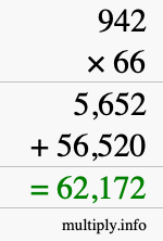 How to calculate 942 times 66 using long multiplication