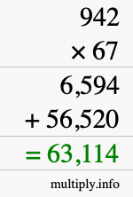 How to calculate 942 times 67 using long multiplication