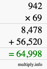 How to calculate 942 times 69 using long multiplication