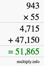 How to calculate 943 times 55 using long multiplication